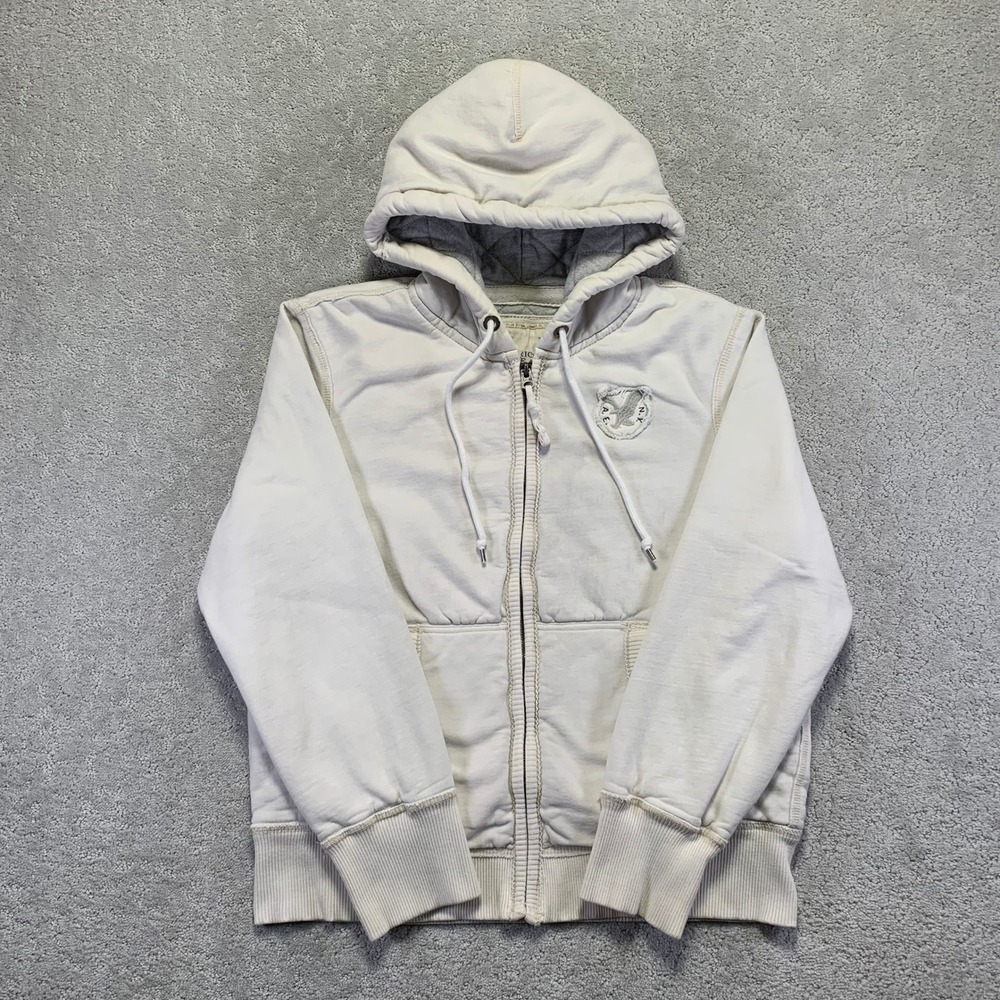 Y2K American Eagle Outfitters Hoodien Mens L Cream Quilted Lined‎ Zip Up Heavy